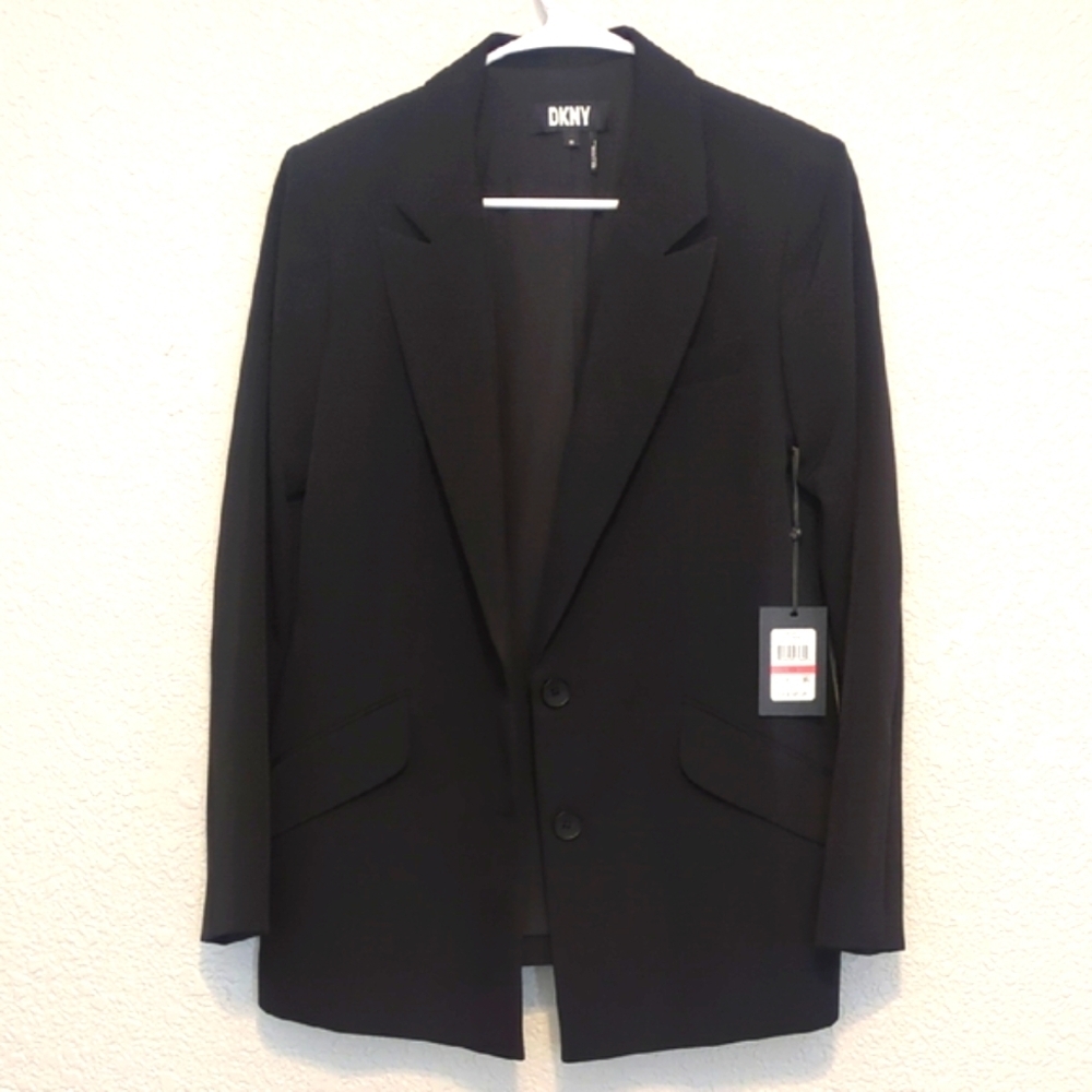 DKNY black women's peak lapel two button long sleeve blazer - Picture 7 of 11